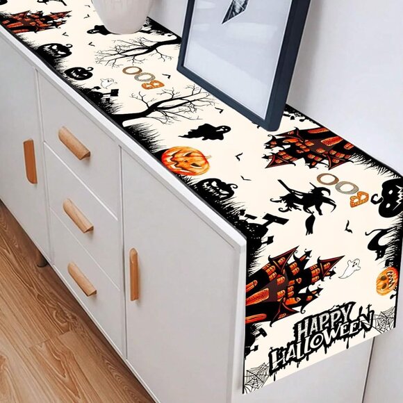 Halloween Haunted House Table Runner 13x72" Burlap Dining Table Décor with Ghost - Picture 3 of 5